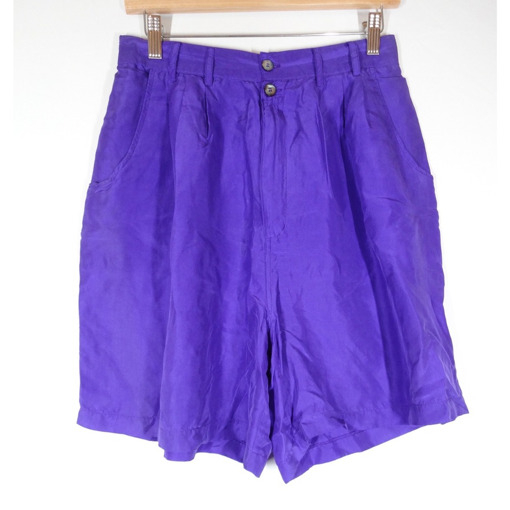 Vintage 90s Retro Bon Magique Silk Shorts Womens L Purple High Waist Pleated